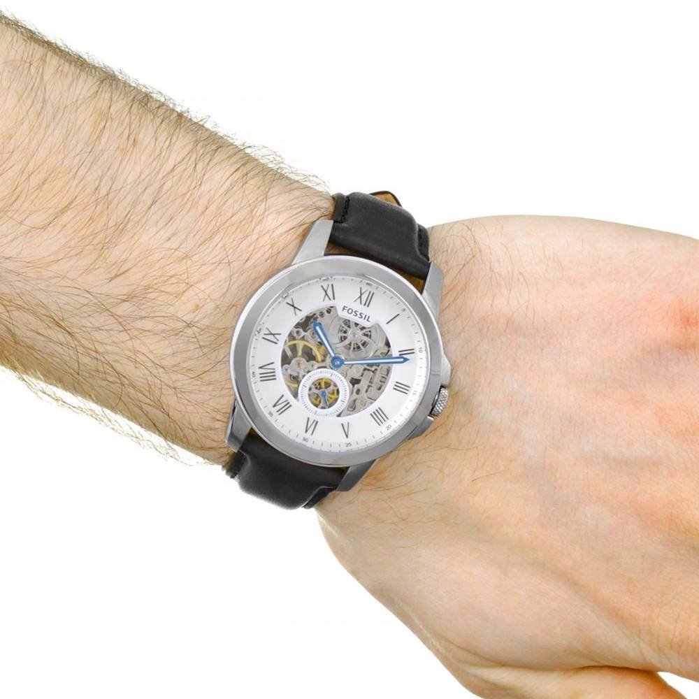  Shop Authentic Fossil Grant Skeleton White Dial Black Leather Strap Watch for Men -  ME3053 - Luxxuri