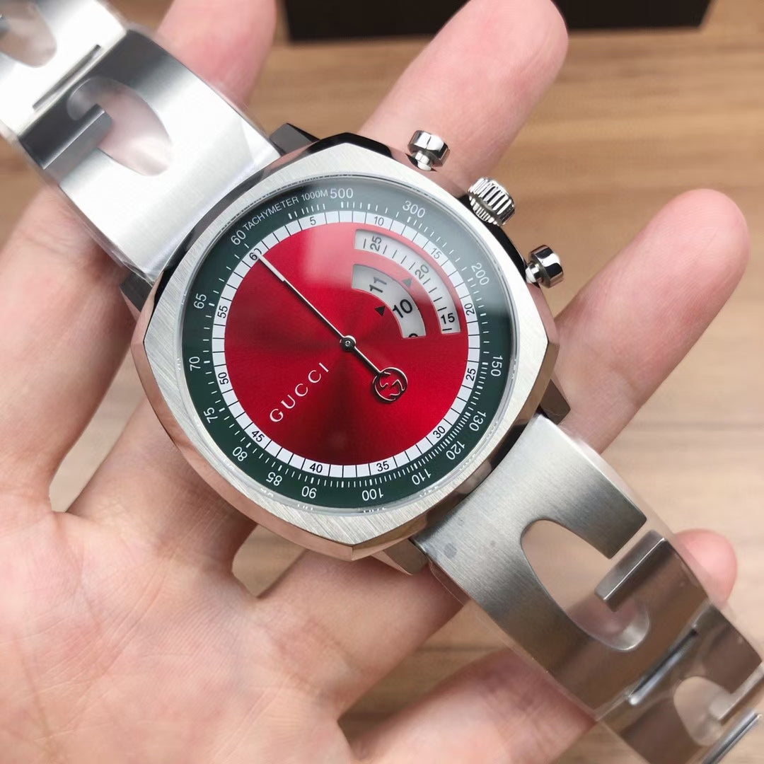  Shop Authentic Gucci Grip Quartz Chronograph Red Dial Silver Steel Strap Watch For Men - YA157303 - Luxxuri