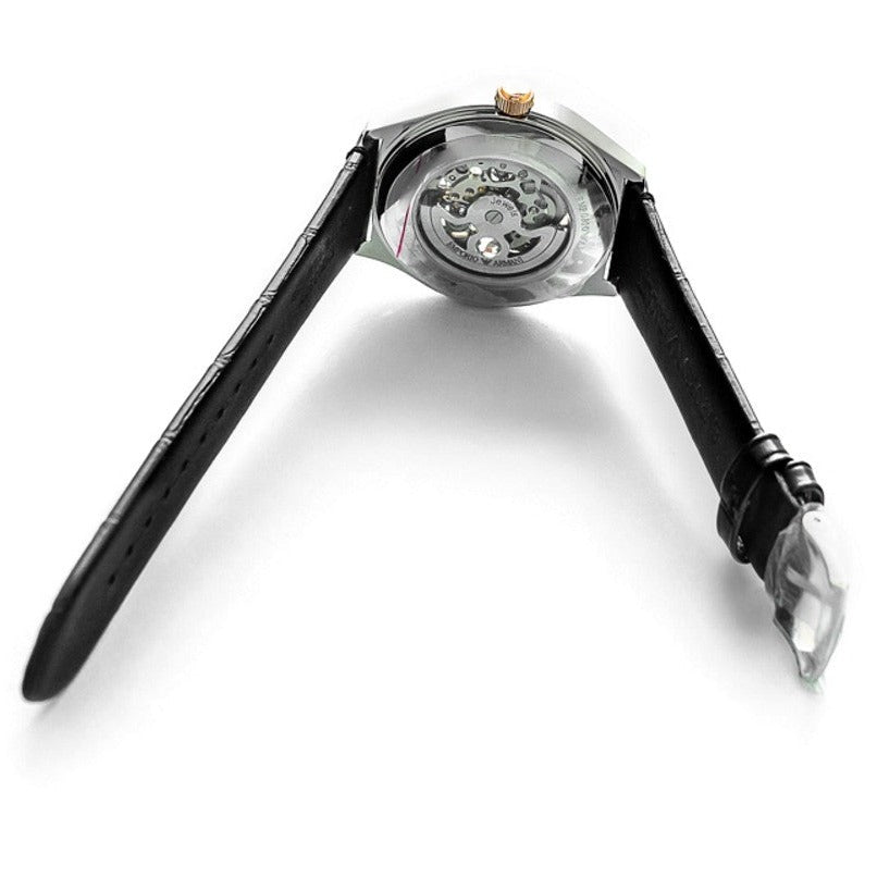  Shop Authentic Emporio Armani Zeta Skeleton Automatic Silver Dial Black Leather Strap Watch For Men - AR60018 - Luxxuri