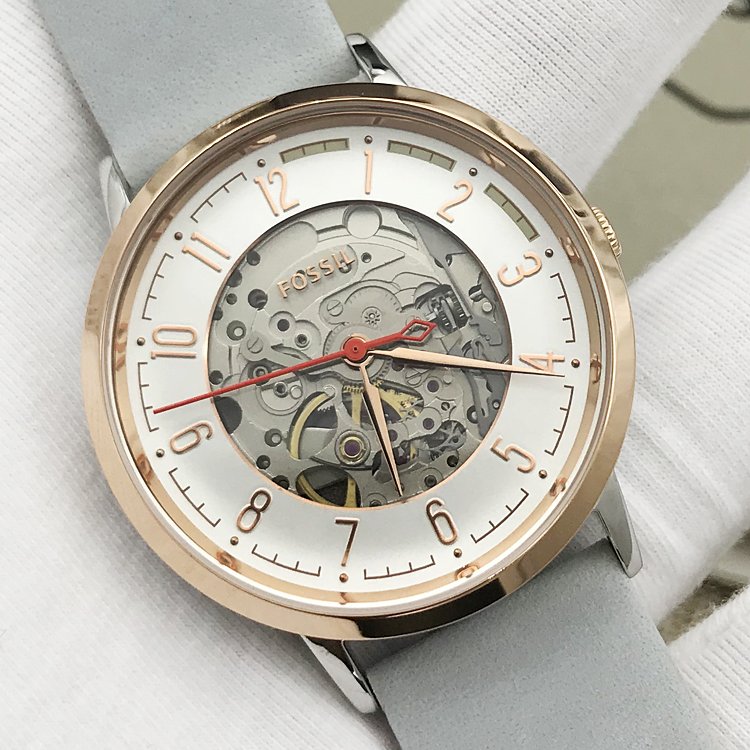  Shop Authentic Fossil Vintage Muse Automatic Skeleton White Dial Grey Leather Strap Watch for Women - ME3131 - Luxxuri
