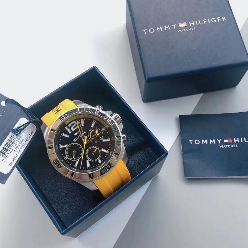  Shop Authentic Tommy Hilfiger Sports Multifunction Black Dial Yellow Rubber Strap Watch for Men - 1791144 - Luxxuri
