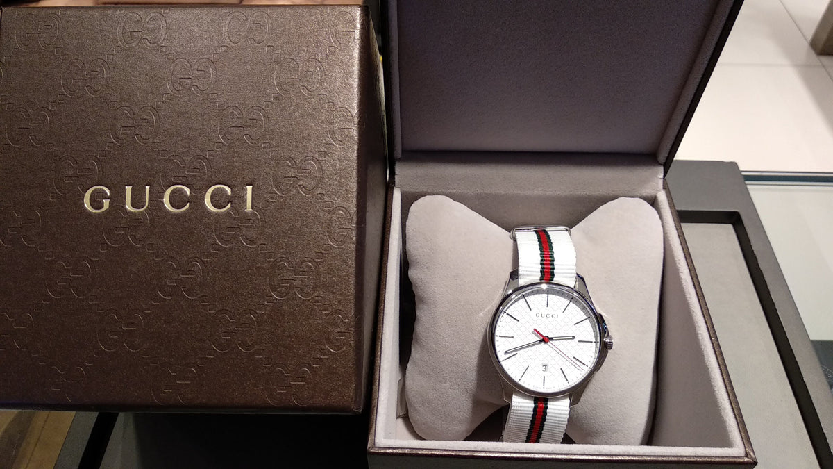  Shop Authentic Gucci G Timeless Quartz White DIal White NATO Strap Watch For Men - YA126322 - Luxxuri