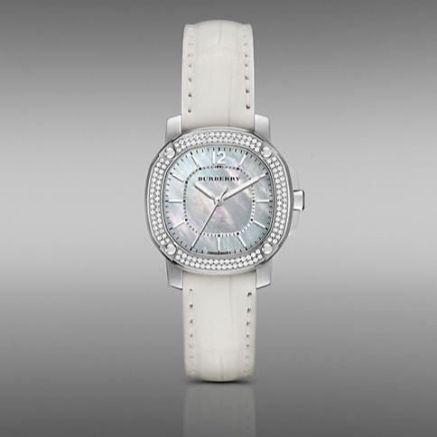 Shop Authentic Burberry The Britain Diamonds Mother of Pearl Dial White Leather Strap Watch for Women - BBY1800 - Luxxuri
