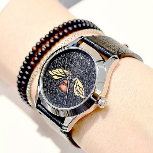  Shop Authentic Gucci G Timeless Bee Black Dial Black Leather Strap Watch For Women - YA1264067 - Luxxuri