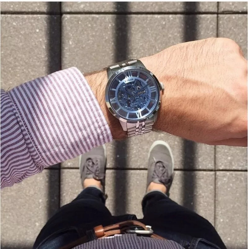 Shop Authentic Fossil Townsman Automatic Skeleton Blue Dial Silver Steel Strap Watch for Men - ME3073 - Luxxuri