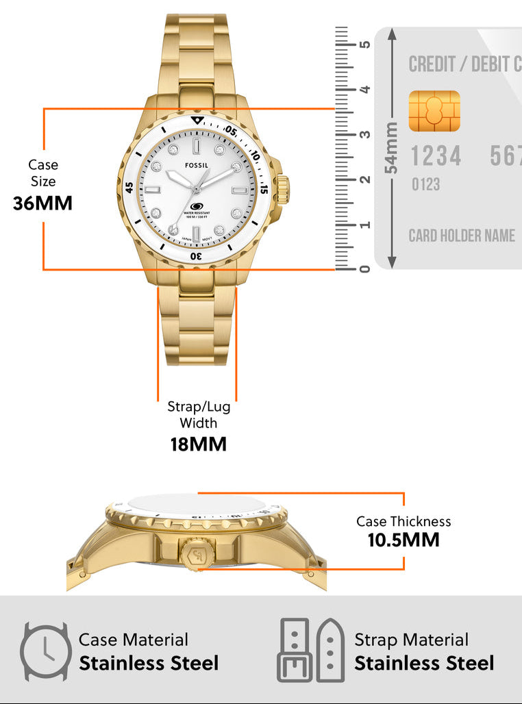  Shop Authentic Fossil Blue Dive Three Hand White Dial Gold Steel Strap Watch For Women - ES5350 - Luxxuri