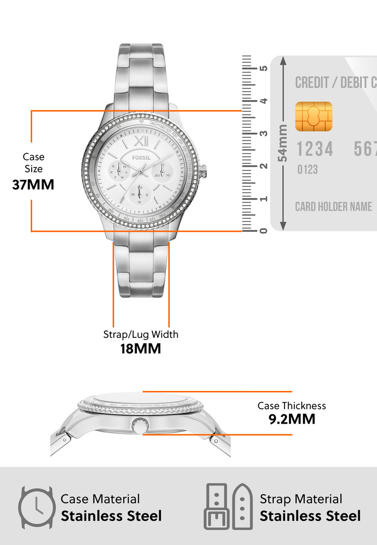 Shop Authentic Fossil Stella Sport Multifunction Silver Dial Silver Steel Strap Watch for Women - ES5108 - Luxxuri