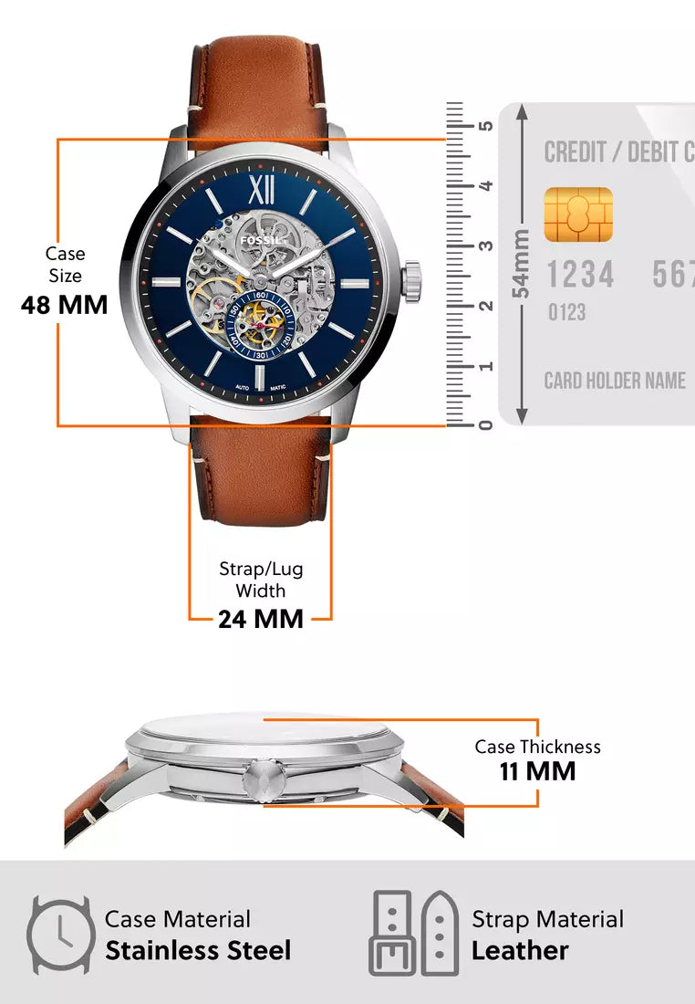  Shop Authentic Fossil Townsman Automatic Skeleton Blue Dial Brown Leather Strap Watch for Men - ME3154 - Luxxuri
