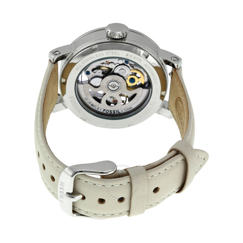  Shop Authentic Fossil Boyfriend Automatic Skeleton Silver Dial White Leather Strap Watch for Women - ME3069 - Luxxuri