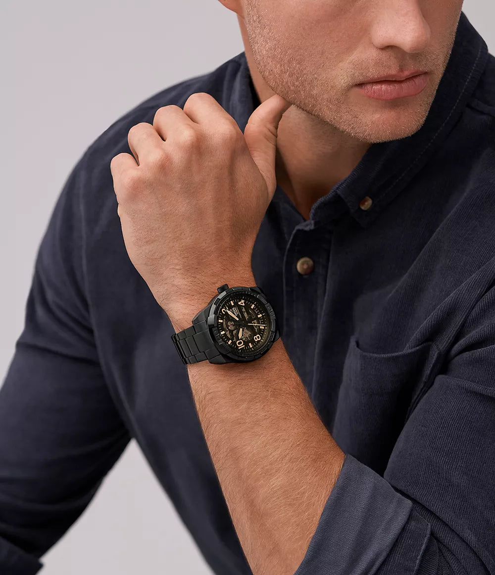  Shop Authentic Fossil Bronson Automatic Skeleton Black Dial Black Steel Strap Watch for Men - ME3256 - Luxxuri