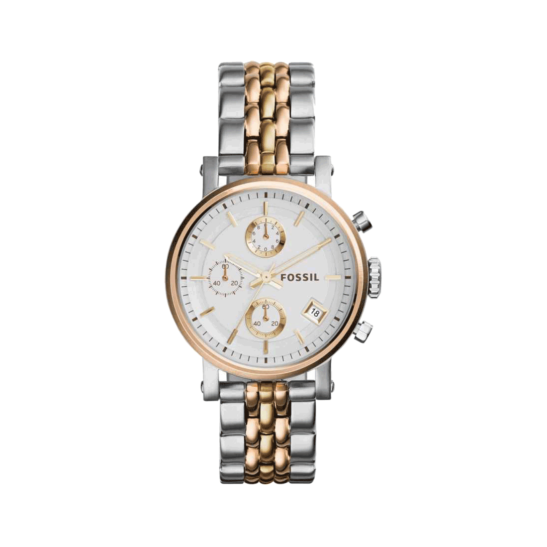  Shop Authentic Fossil Boyfriend Chronograph White Dial Two Tone Steel Strap Watch for Women - ES3840 - Luxxuri