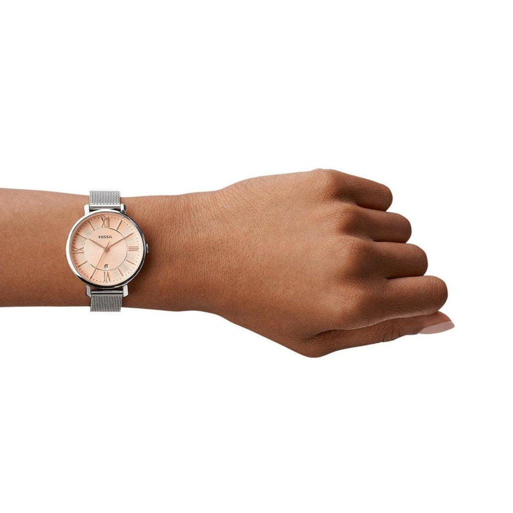  Shop Authentic Fossil Jacqueline Three Hand Pink Dial Silver Mesh Strap Watch for Women - ES5089 - Luxxuri