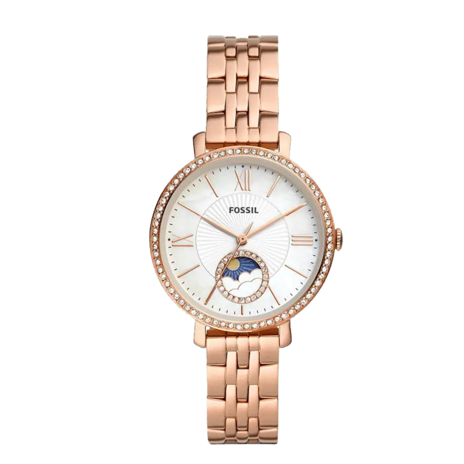  Shop Authentic Fossil Jacqueline Analog Moonphase Mother of Pearl White Dial Rose Gold Steel Strap Watch for Women - ES5165 - Luxxuri