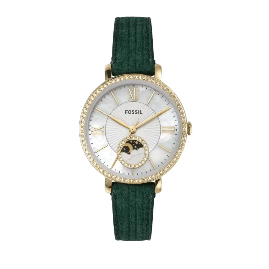 Fossil Jacqueline Multifunction Moonphase Mother of Pearl White Dial Green Leather Strap Watch for Women - ES5244