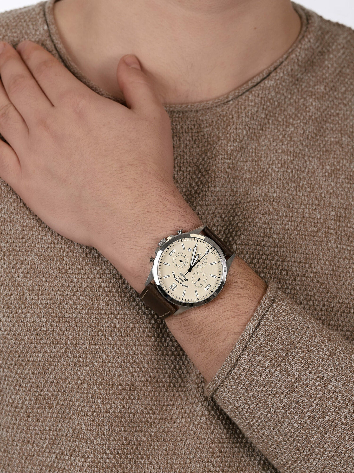  Shop Authentic Fossil Forrester Chronograph White Dial Brown Leather Strap Watch for Men - FS5696 - Luxxuri