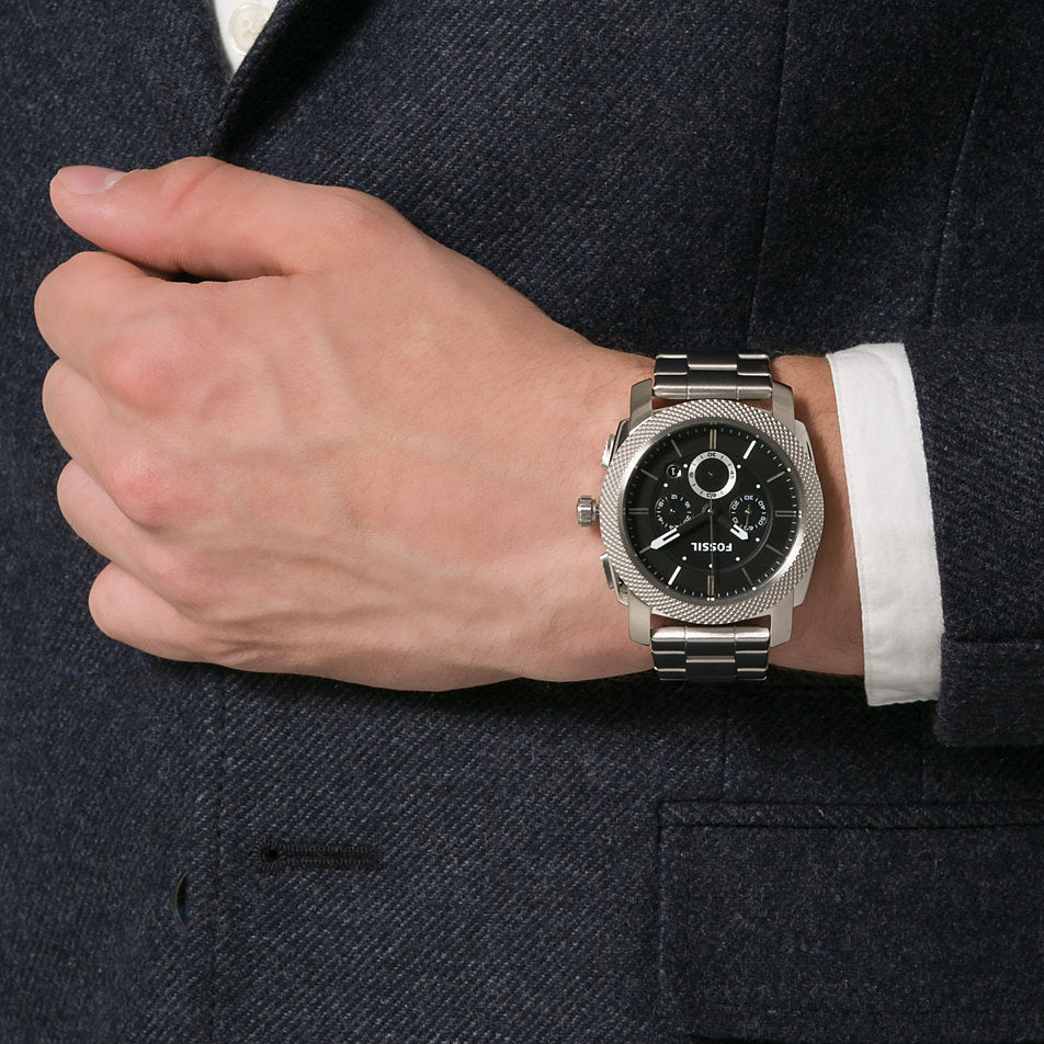  Shop Authentic Fossil Machine Chronograph Black Dial Silver Steel Strap Watch for Men - FS4776 - Luxxuri
