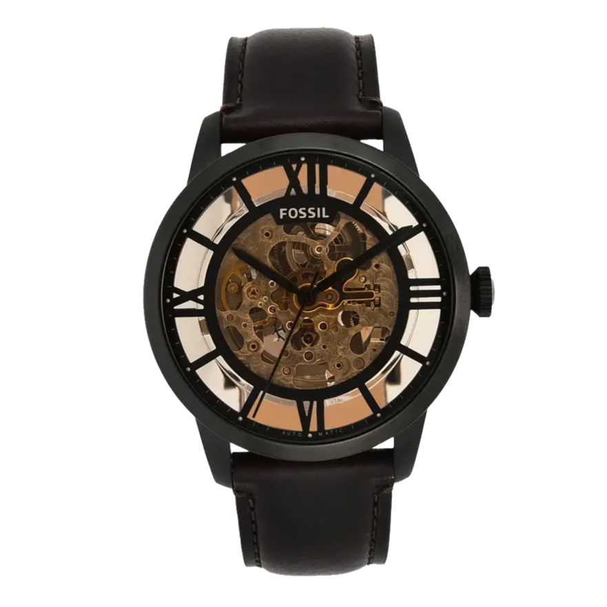 Fossil Townsman Automatic Skeleton Brown Dial Brown Leather Strap Watch for Men - ME3098
