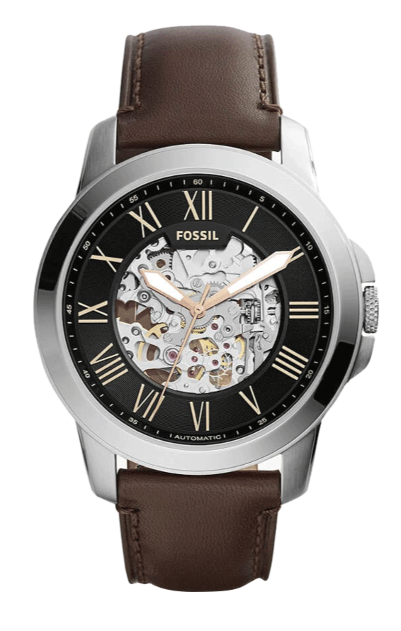  Shop Authentic Fossil Grant Automatic Skeleton Black Dial Brown Leather Strap Watch for Men - ME3100 - Luxxuri