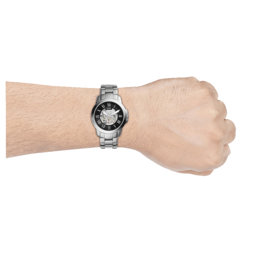  Shop Authentic Fossil Grant Automatic Skeleton Black Dial Silver Steel Strap Watch for Men - ME3103 - Luxxuri
