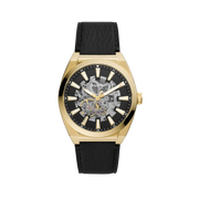 Fossil Everett Automatic Skeleton Black Dial Black Leather Strap Watch for Men - ME3208