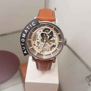  Shop Authentic Fossil Boyfriend Automatic Skeleton Silver Dial Brown Leather Strap Watch for Women - ME3109 - Luxxuri