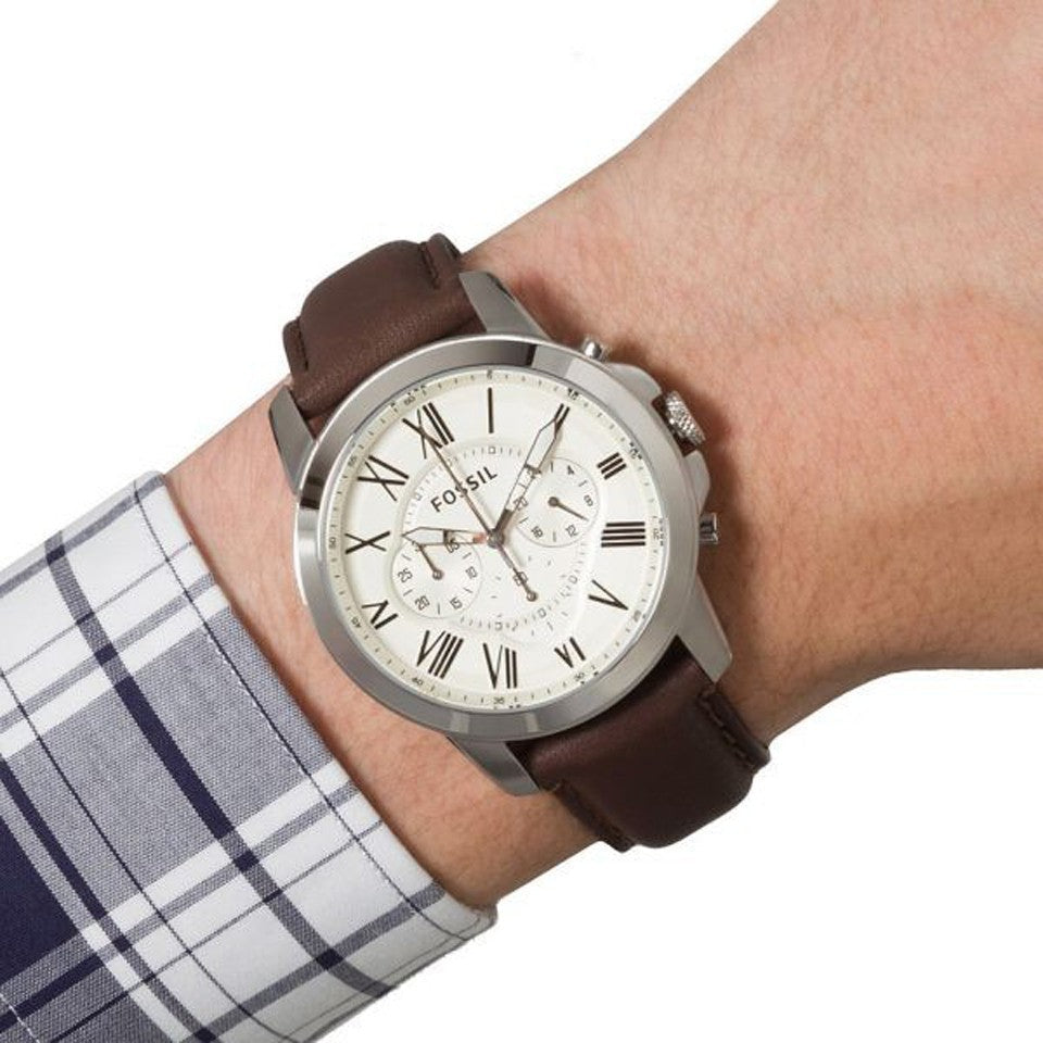  Shop Authentic Fossil Grant Chronograph White Dial Brown Leather Strap Watch for Men - FS4735 - Luxxuri