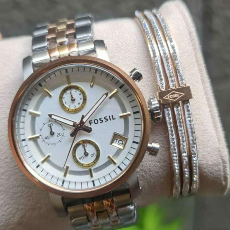  Shop Authentic Fossil Boyfriend Chronograph White Dial Two Tone Steel Strap Watch for Women - ES3840 - Luxxuri