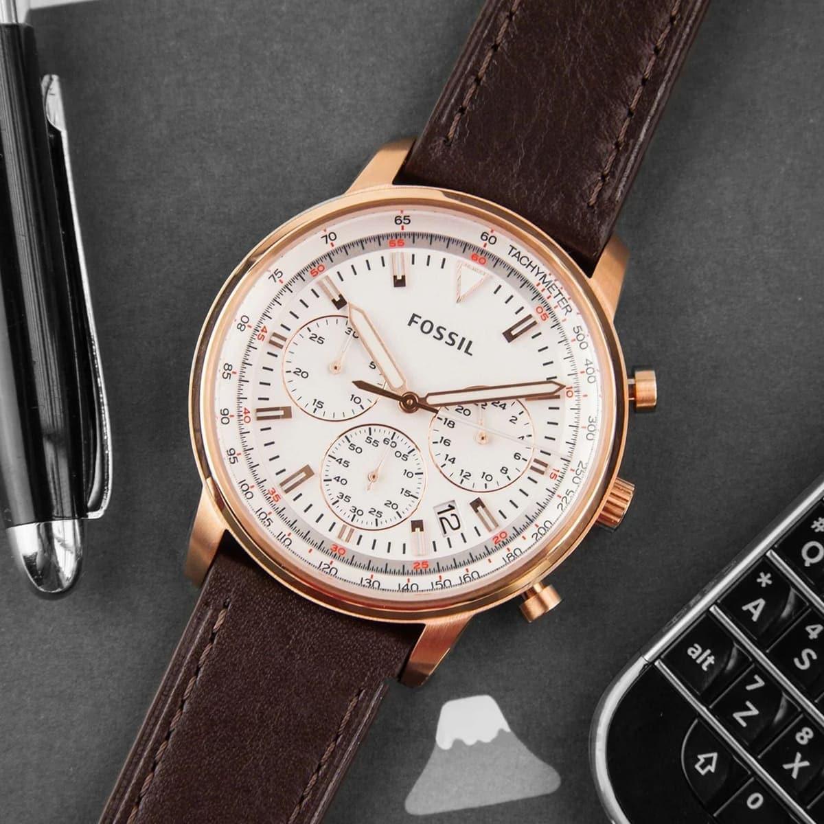  Shop Authentic Fossil Goodwin Chronograph White Dial Brown Leather Strap Watch for Men - FS5415 - Luxxuri