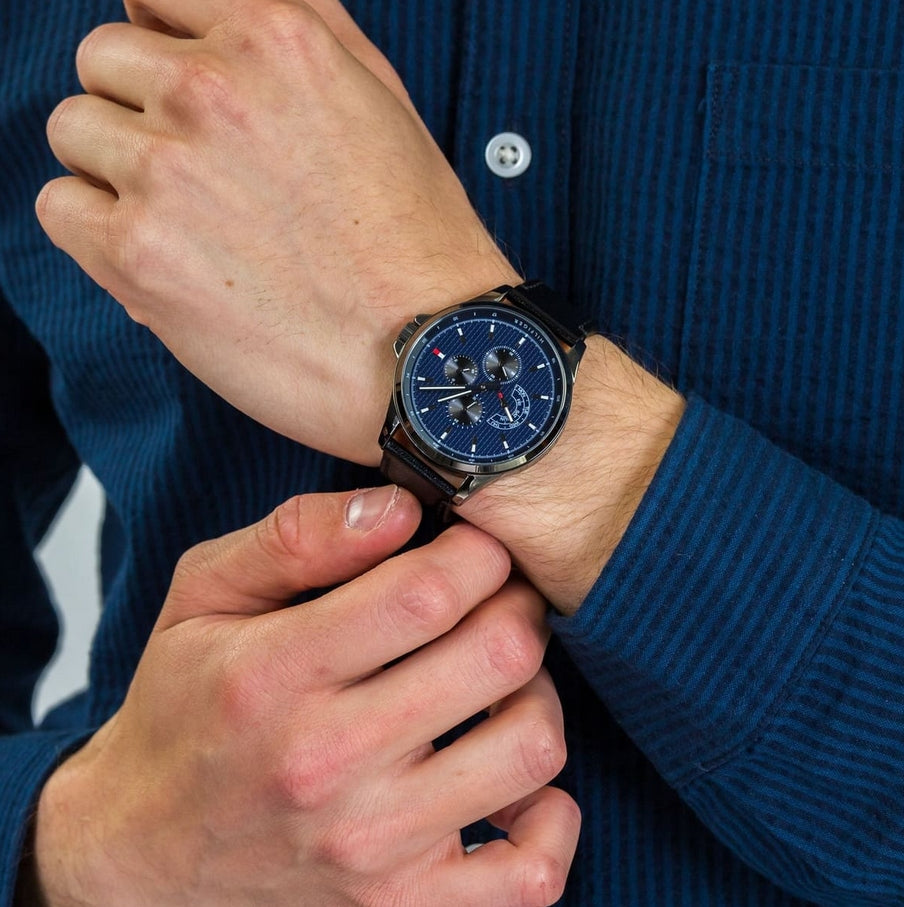  Shop Authentic Tommy Hilfiger Shawn Multifunction Quartz Blue Dial Black Leather Strap Watch for Men - 1791616 - Luxxuri