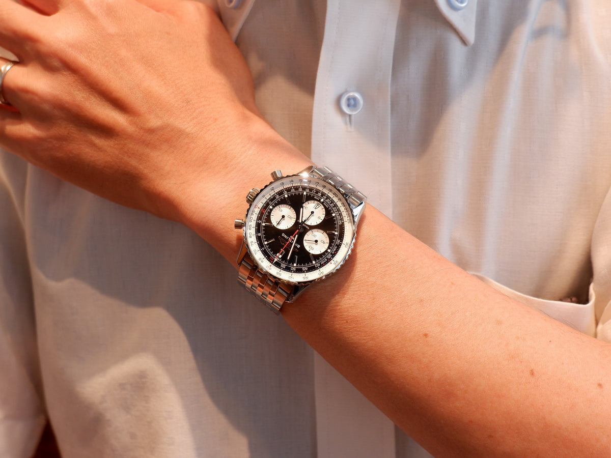  Shop Authentic Breitling Navitimer B01 Chronograph 43 Black Dial Silver Steel Strap Watch for Men - AB0138211B1A1 - Luxxuri