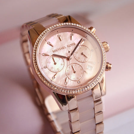  Shop Authentic Michael Kors Ritz Chronograph Mother of Pearl White Dial Two Tone Steel Strap Watch For Women - MK6769 - Luxxuri