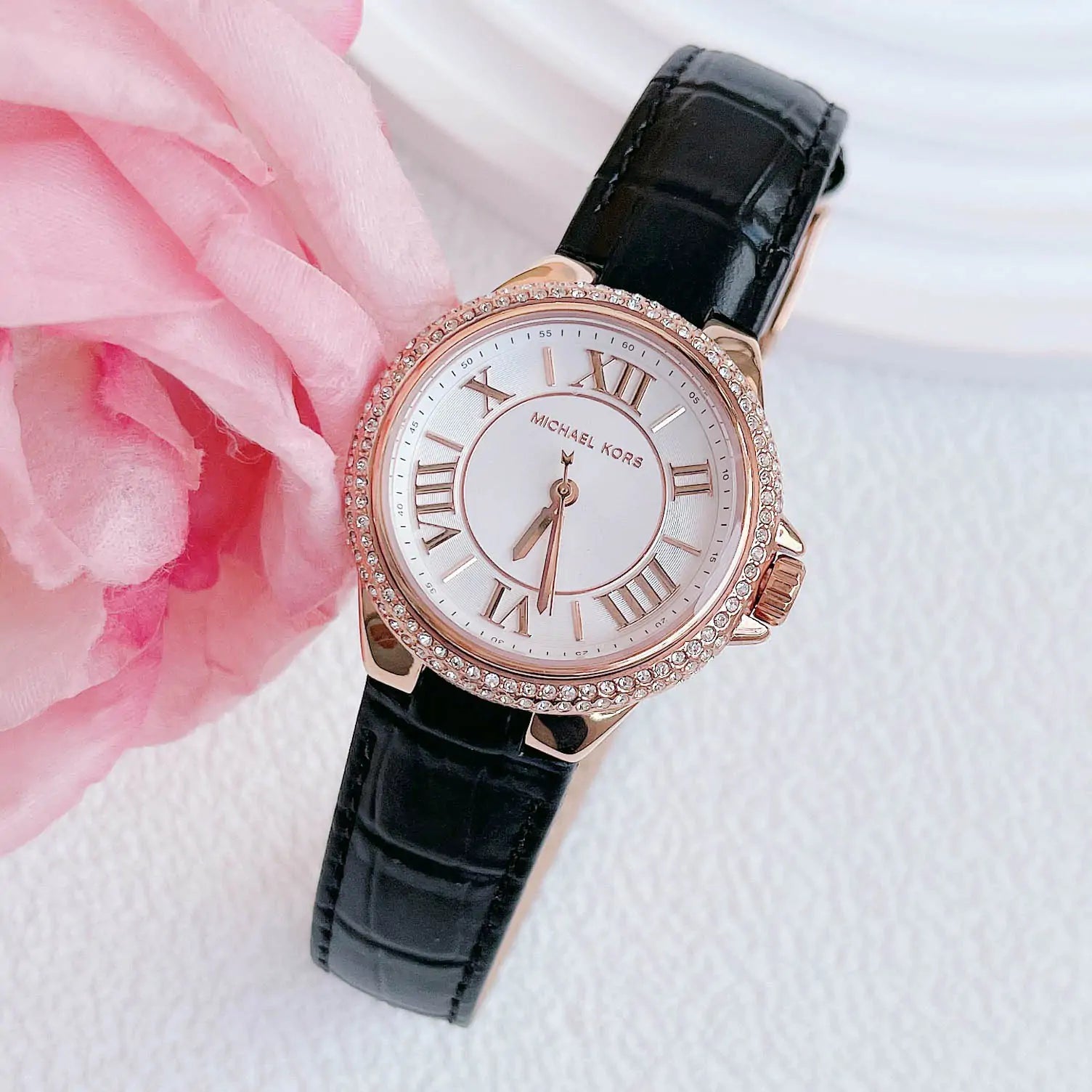  Shop Authentic Michael Kors Camille Three-Hand Crystals White Dial Black Leather Strap Watch for Women - MK2962 - Luxxuri