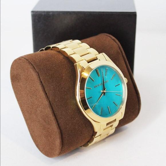 Shop Authentic Michael Kors Slim Runway Blue Mother of Pearl Dial Gold Steel Strap Watch for Women - MK3492 - Luxxuri