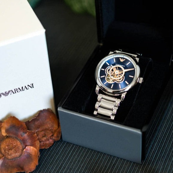  Shop Authentic Emporio Armani Luigi Chronograph Skeleton Blue Dial Silver Steel Strap Watch For Men - AR60036 - Luxxuri