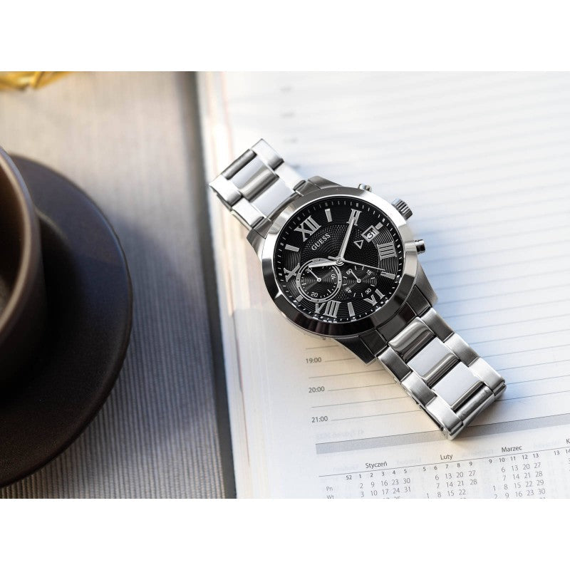  Shop Authentic Guess Atlas Chronograph Black Dial Silver Steel Strap Watch For Men - W0668G3 - Luxxuri