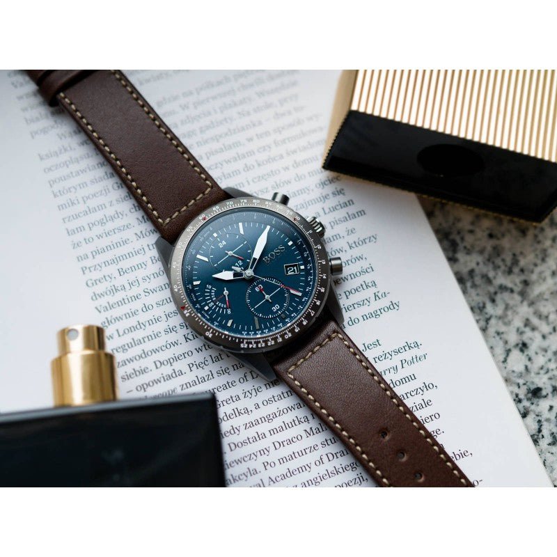 Shop Authentic Hugo Boss Pilot Edition Blue Dial Brown Leather Strap Watch for Men - 1513852 - Luxxuri
