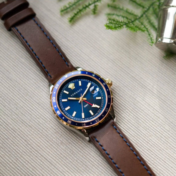  Shop Authentic Versace Hellenyium GMT Blue Dial Brown Leather Strap Watch for Men - V11080017 - Luxxuri