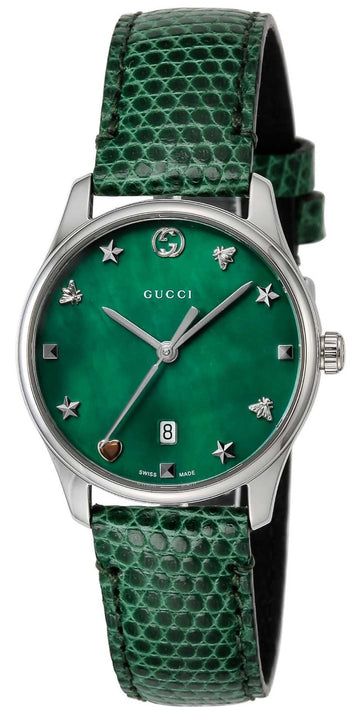  Shop Authentic Gucci G-Timeless Green Mother of Pearl Dial Green Leather Strap Watch For Women - YA126585 - Luxxuri
