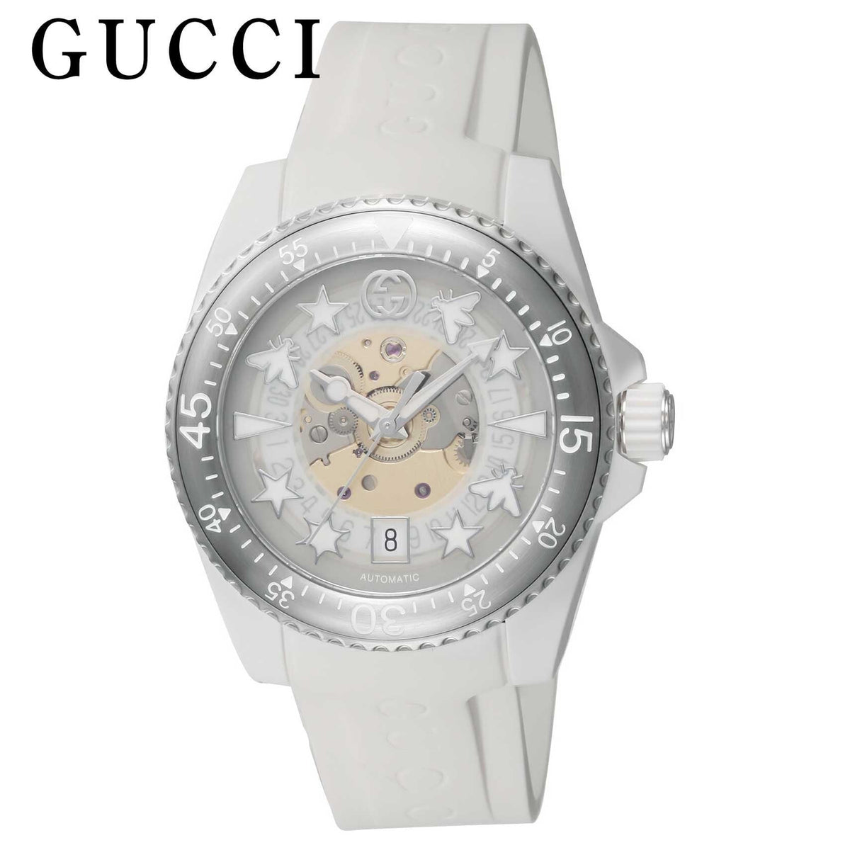  Shop Authentic Gucci Dive Automatic Transparent Dial White Rubber Strap Watch For Men - YA136343 - Luxxuri