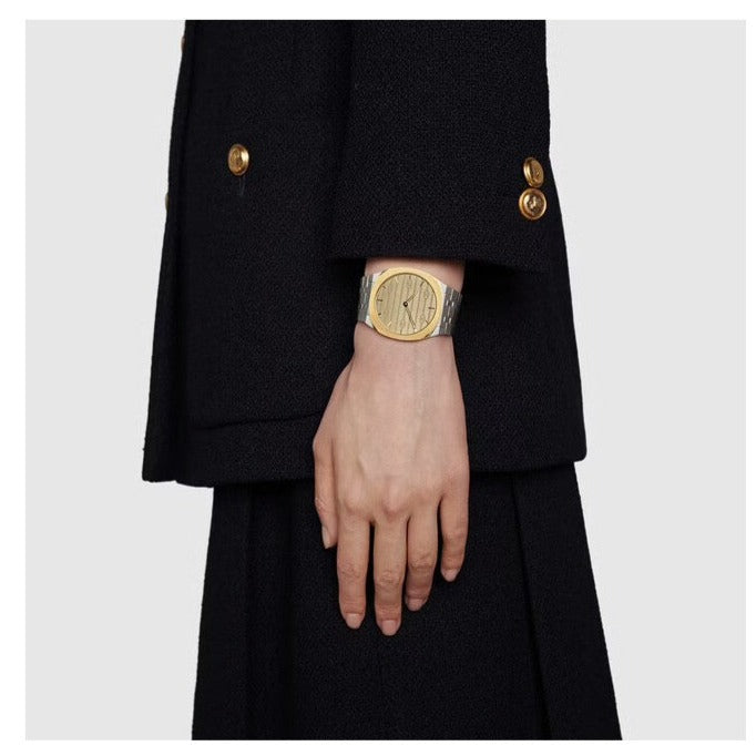 Shop Authentic Gucci 25H Quartz Gold Dial Silver Steel Strap Watch for Women - YA163403 - Luxxuri