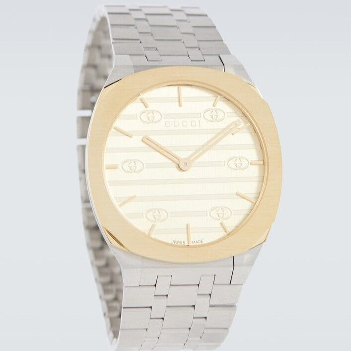  Shop Authentic Gucci 25H Quartz Gold Dial Silver Steel Strap Watch for Men - YA163405 - Luxxuri