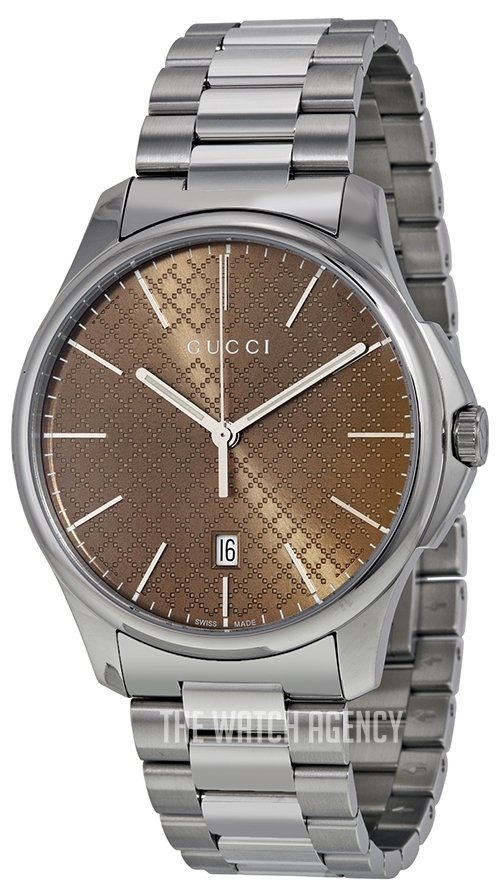  Shop Authentic Gucci G Timeless Quartz Brown Dial Silver Steel Strap Watch for Men - YA126317 - Luxxuri