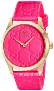  Shop Authentic Gucci G Timeless Quartz Pink Dial Pink Leather Strap Watch For Women - YA1264115 - Luxxuri