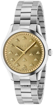 Shop Authentic Gucci G Timeless Quartz Gold Dial Silver Steel Strap Watch for Women - YA1265035 - Luxxuri