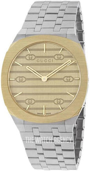  Shop Authentic Gucci 25H Quartz Gold Dial Silver Steel Strap Watch for Men - YA163405 - Luxxuri