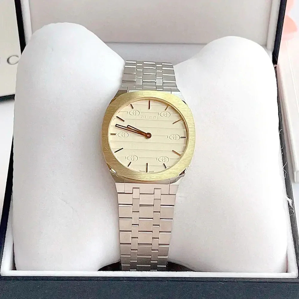  Shop Authentic Gucci 25H Quartz Gold Dial Silver Steel Strap Watch for Men - YA163405 - Luxxuri
