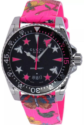  Shop Authentic Gucci Dive Quartz Black Dial Pink Leather Strap Watch For Women - YA136326 - Luxxuri