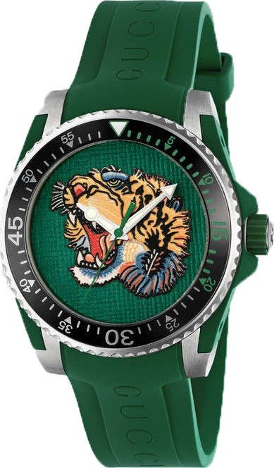  Shop Authentic Gucci Dive Tiger Green Dial Green Rubber Strap Watch For Men - YA136316 - Luxxuri