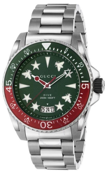  Shop Authentic Gucci Dive Quartz Green Dial Silver Steel Strap Watch For Men - YA136222 - Luxxuri
