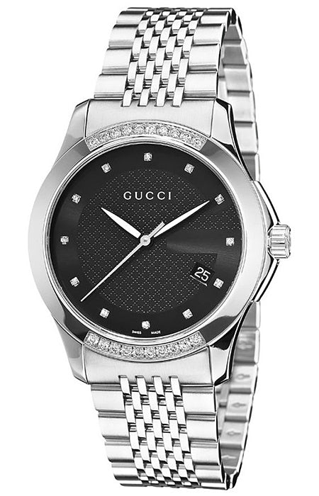  Shop Authentic Gucci G Timeless Diamonds Black Dial Silver Steel Strap Watch For Women - YA126408 - Luxxuri